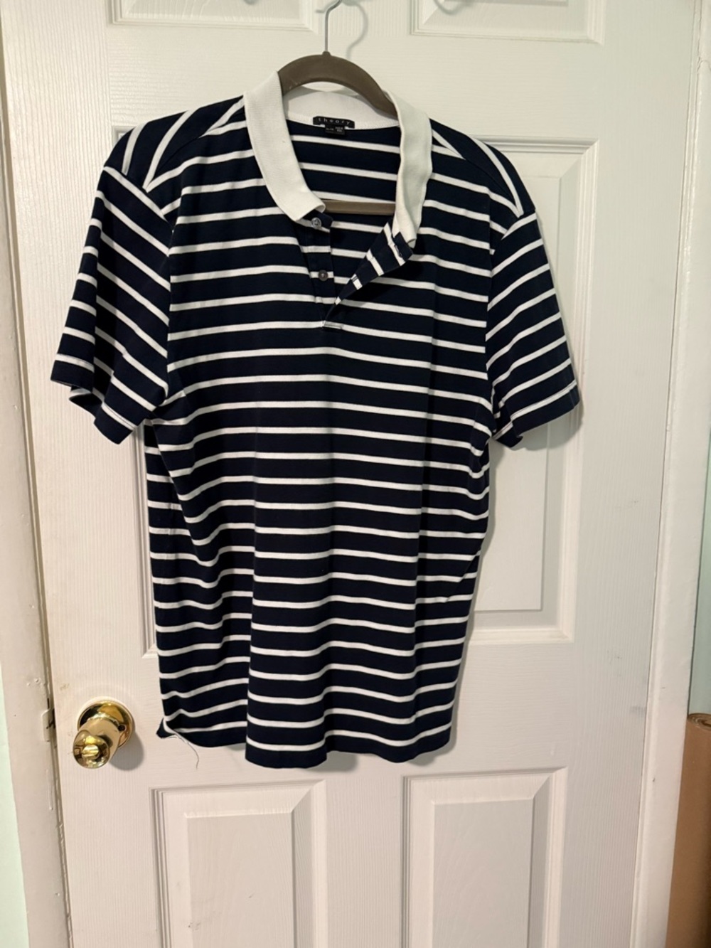 Theory Navy and White Striped Polo Shirt Mens XL See measurements